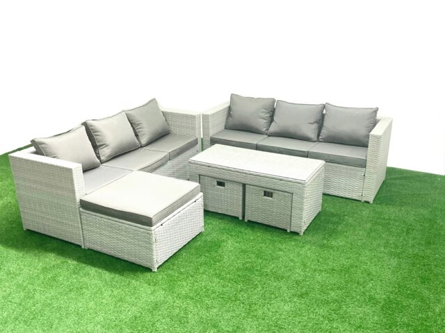 Rackhams 9 Seater Garden Outdoor Rattan Furniture Set Rattan Garden Sofa Oblong Coffee Table with 3 Footstools Light Grey Mixed - image 1