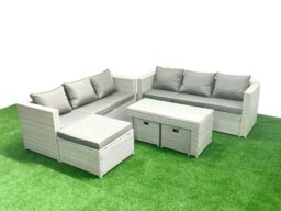 Rackhams 9 Seater Garden Outdoor Rattan Furniture Set Rattan Garden Sofa Oblong Coffee Table with 3 Footstools Light Grey Mixed - thumbnail 2
