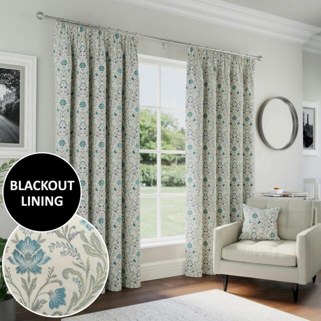 "Rackhams Blue 100% Blackout Floral Thermal Pair of Curtains Tape Top Header Curtains for Living Rooms and Bedrooms - 90"" (229cm) Width x 108"" (274cm) Drop" - image 1