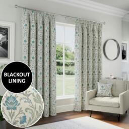 "Rackhams Blue 100% Blackout Floral Thermal Pair of Curtains Tape Top Header Curtains for Living Rooms and Bedrooms - 90"" (229cm) Width x 108"" (274cm) Drop" - thumbnail 1
