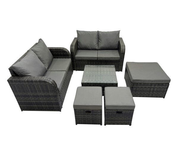Rackhams Rattan Garden Outdoor Furniture Set Love Sofa Square Coffee Table Set with 3 Stools Dark Grey Mixed - image 1