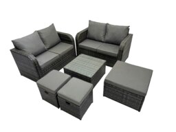 Rackhams Rattan Garden Outdoor Furniture Set Love Sofa Square Coffee Table Set with 3 Stools Dark Grey Mixed - thumbnail 2