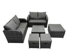 Rackhams Rattan Garden Outdoor Furniture Set Love Sofa Square Coffee Table Set with 3 Stools Dark Grey Mixed - thumbnail 1
