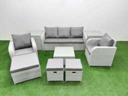 Rackhams PE Rattan Garden Furniture Set Reclining Chair Sofa Lounge Sofa Set Square Coffee Table 2 Side Table 3 Stools Light Grey - thumbnail 1