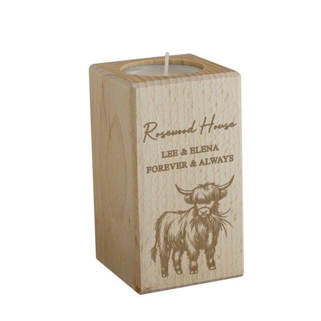 Rackhams Personalised Highland Cow Wooden Tealight Holder - image 1