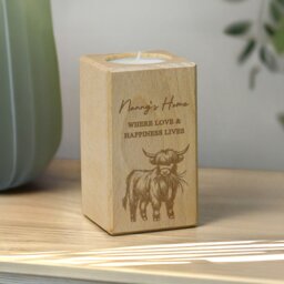 Rackhams Personalised Highland Cow Wooden Tealight Holder - thumbnail 5