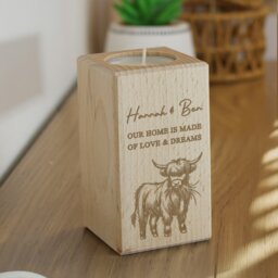 Rackhams Personalised Highland Cow Wooden Tealight Holder - thumbnail 2