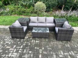 Rackhams Rattan Garden Furniture Set with 3 Seater Sofa Coffee Table 2 Side Tables 2 Armchairs Indoor Outdoor Patio Lounge Sofa Set Dark Grey Mixed - thumbnail 1