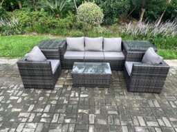 Rackhams Rattan Garden Furniture Set with 3 Seater Sofa Coffee Table 2 Side Tables 2 Armchairs Indoor Outdoor Patio Lounge Sofa Set Dark Grey Mixed - thumbnail 2