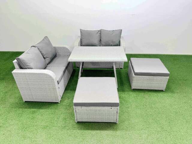 Rackhams 6 Seater Outdoor Love Sofa Set Rattan Garden Furniture Set with Rectangular Dining Table 2 Big Footstool Light Grey - image 1