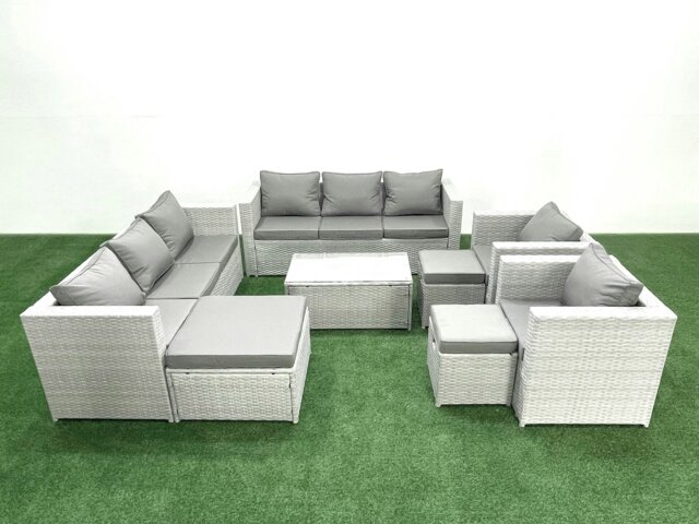 Rackhams Outdoor Rattan Sofa Garden Furniture Set with 2 Armchairs Oblong Coffee Table 3 Footstools Light Grey Mixed - image 1
