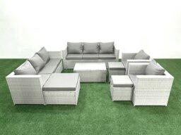 Rackhams Outdoor Rattan Sofa Garden Furniture Set with 2 Armchairs Oblong Coffee Table 3 Footstools Light Grey Mixed - thumbnail 2