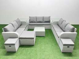 Rackhams PE Rattan Lounge Sofa Set 12 Seater Outdoor Garden Furniture Set with Square Coffee Table 3 Seater Sofa 3 Stools 2 Side Table Light Grey - thumbnail 1