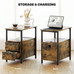 Rackhams Bedside Table with Charging Station for Living Room, Rustic Brown - thumbnail 5