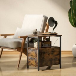 Rackhams Bedside Table with Charging Station for Living Room, Rustic Brown - thumbnail 3