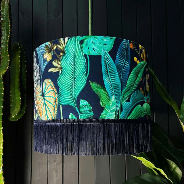 "Rackhams Rainforest Velvet Lampshade With Indigo Fringing - Ceiling Pendant / Arc Lamp - 30cm Diameter x 25cm Height (12"" x 10"")" - image 1