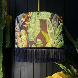 "Rackhams Rainforest Velvet Lampshade With Indigo Fringing - Ceiling Pendant / Arc Lamp - 30cm Diameter x 25cm Height (12"" x 10"")" - thumbnail 2