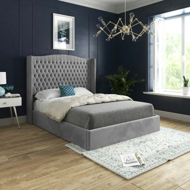 Rackhams Rana Curved Top Winged Upholstered Soft Velvet Bed Frame - Grey - Grey - Single - image 1