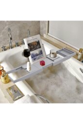 Rackhams Rustic Expandable Bamboo Wooden Bathtub Caddy Tray - Grey - thumbnail 3