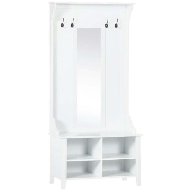 Rackhams Hallway Furniture Set Shoe Bench Storage Mirror Cabinet Coat Rack Multiple Cubes Hangers Organiser Shelves w/ 4 Hooks - White - image 1