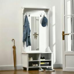 Rackhams Hallway Furniture Set Shoe Bench Storage Mirror Cabinet Coat Rack Multiple Cubes Hangers Organiser Shelves w/ 4 Hooks - White - thumbnail 2