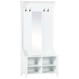 Rackhams Hallway Furniture Set Shoe Bench Storage Mirror Cabinet Coat Rack Multiple Cubes Hangers Organiser Shelves w/ 4 Hooks - White - thumbnail 1