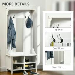 Rackhams Hallway Furniture Set Shoe Bench Storage Mirror Cabinet Coat Rack Multiple Cubes Hangers Organiser Shelves w/ 4 Hooks - White - thumbnail 5