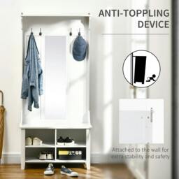 Rackhams Hallway Furniture Set Shoe Bench Storage Mirror Cabinet Coat Rack Multiple Cubes Hangers Organiser Shelves w/ 4 Hooks - White - thumbnail 6