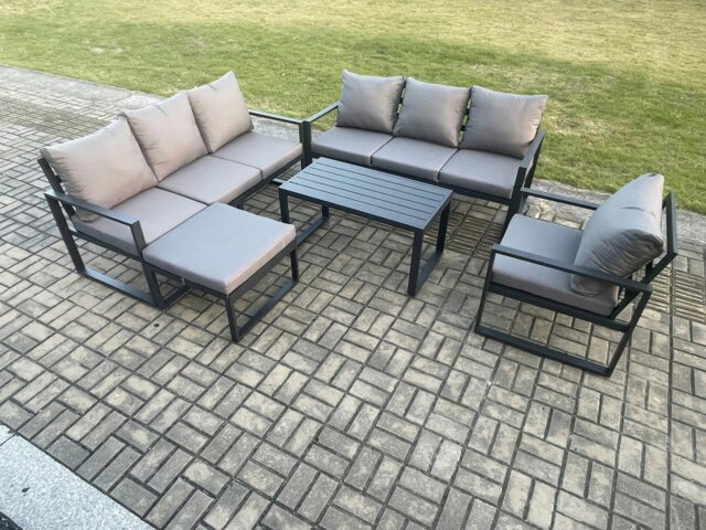 Rackhams Aluminium 8 Seater Garden Furniture Outdoor Patio Sofa Set with Rectangular Coffee Table Armchair Big Footstool Dark Grey - image 1