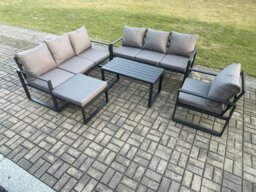 Rackhams Aluminium 8 Seater Garden Furniture Outdoor Patio Sofa Set with Rectangular Coffee Table Armchair Big Footstool Dark Grey - thumbnail 1