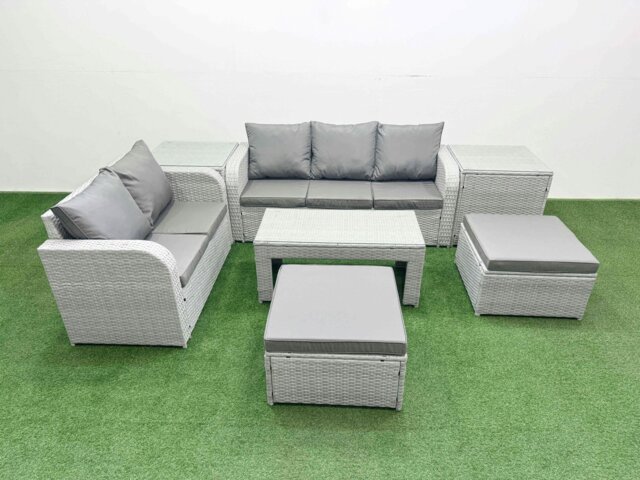 Rackhams 7-Seater PE Rattan Wicker Garden Furniture Set - Dark Grey Mixed Patio Sofa with Oblong Coffee Table & 2 Big Footstools - image 1