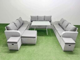 Rackhams 12 Seat Outdoor PE Rattan Garden Furniture with Cushions 3 Seater Sofa 3 Stool Light Grey