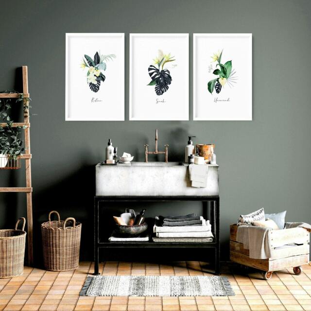 Rackhams Decoration for bathroom walls - Set of 3 Tropical wall art - 20 x 30 in / 50 x 76 cm - Matte Museum Quality Art Paper 290 gsm - Black Frame - image 1