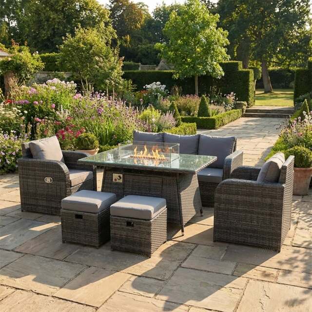 Rackhams 7 Seater Rattan Outdoor Furniture Set with Gas Fire Pit Table, 2 Reclining Chairs, Lounge Sofa, 2 Footstools - Dark Grey - image 1