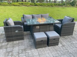 Rackhams 7 Seater Rattan Outdoor Furniture Set with Gas Fire Pit Table, 2 Reclining Chairs, Lounge Sofa, 2 Footstools - Dark Grey - thumbnail 2