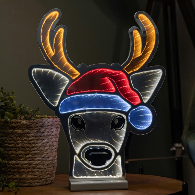 Rackhams 40cm Light up Christmas Deer Head in Santa Hat Infinity Decoration with LEDs - image 1