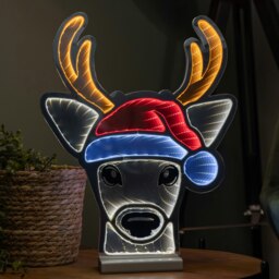 Rackhams 40cm Light up Christmas Deer Head in Santa Hat Infinity Decoration with LEDs - thumbnail 1