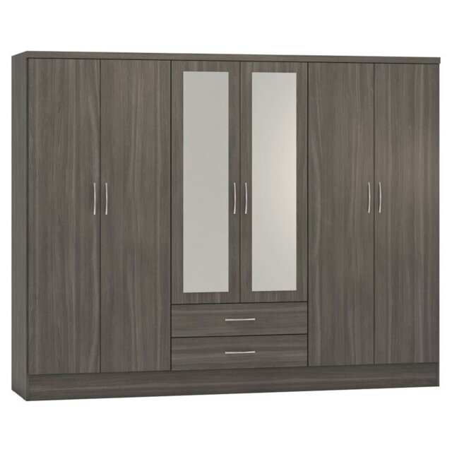 Rackhams Nevada 6 Door 2 Drawer Mirrored Wardrobe - Black Wood Grain - image 1