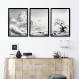 Rackhams Modern Living Room Wall Decor - Set of 3 Asian Inspired Wall art Prints - 20 x 30 in / 50 x 76 cm - Polyester Canvas 260 gsm - Canvas wrapped - thumbnail 2