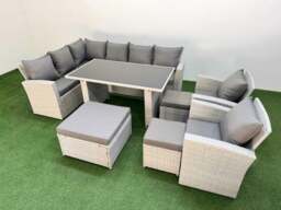 Rackhams 11 Seater Wicker Rattan Corner Sofa Sets Outdoor Garden Furniture Sets with Rectangular Dining Table Lounge Sofa 3 Footstools Light Grey - thumbnail 1