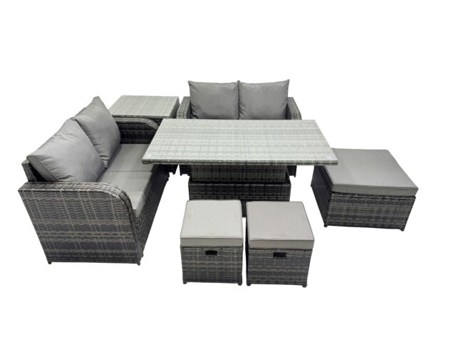 Rackhams 7 seater Patio Height Adjustable Rising Lifting Table Sofa Sets Rattan Garden Furniture Dining Set with 3 Stools Side Table Dark Grey Mixed - image 1