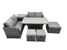 Rackhams 7 seater Patio Height Adjustable Rising Lifting Table Sofa Sets Rattan Garden Furniture Dining Set with 3 Stools Side Table Dark Grey Mixed - thumbnail 1