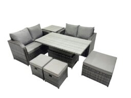 Rackhams 7 seater Patio Height Adjustable Rising Lifting Table Sofa Sets Rattan Garden Furniture Dining Set with 3 Stools Side Table Dark Grey Mixed - thumbnail 2
