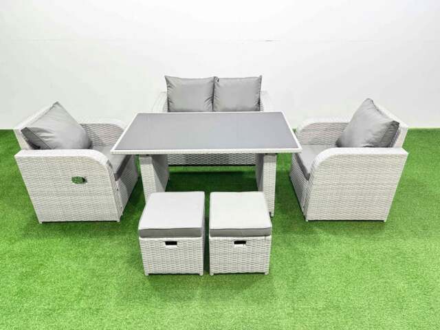 Rackhams Outdoor Rattan Garden Furniture Dining Set 6 seater Patio Rectangular Table Love Sofa Reclining Chair Set with 2 Small Stools - image 1