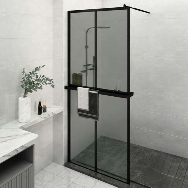 Rackhams Walk-in Shower Wall with Shelf Black 100x195 cm ESG Glass&Aluminium