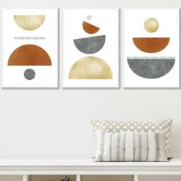 Rackhams Set of 3 Orange, Gold and Grey Mid Century Geometric Framed Wall Art - 59x84cm (A1) - Light Walnut - thumbnail 2