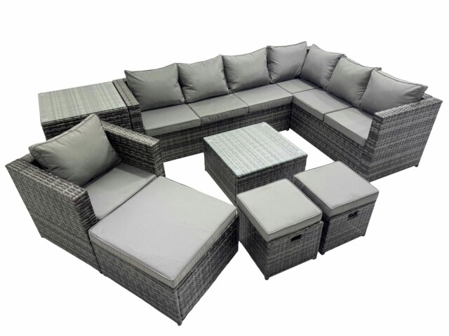 Rackhams Outdoor PE Rattan Garden Furniture Sofa Set with Square Coffee Table Chair 3 Stools Side Table Dark Grey - image 1