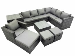 Rackhams Outdoor PE Rattan Garden Furniture Sofa Set with Square Coffee Table Chair 3 Stools Side Table Dark Grey - thumbnail 1
