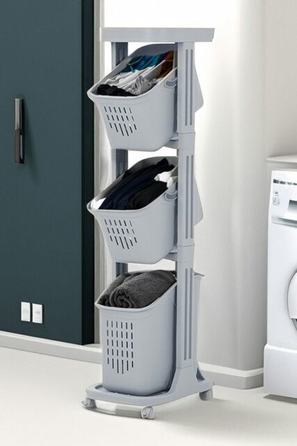 Rackhams 4-Tier Detachable Kitchen Fruit Vegetable Basket Storage Rack  Laundry with Wheels Trolley Cart - Grey - image 1