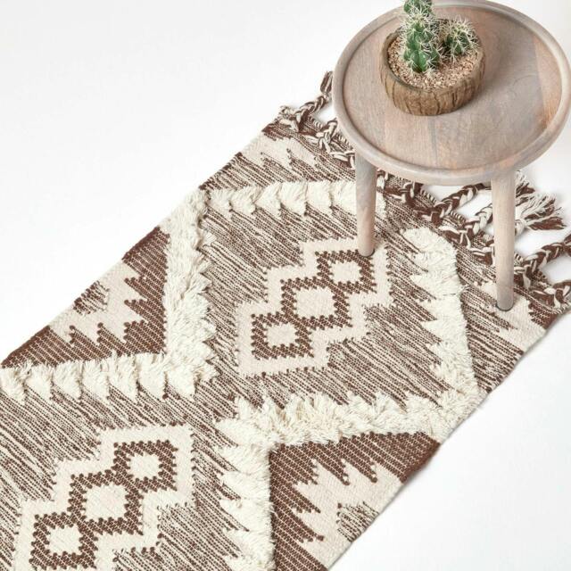 Rackhams Lhasa Handwoven Brown and Cream Diamond Kilim Wool Rug - 66 x 200 cm - image 1